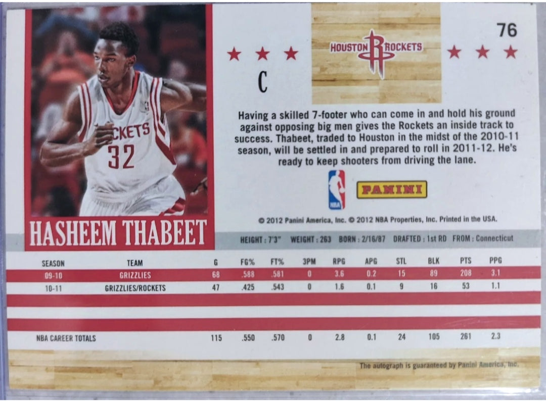 2011-12 NBA Panini Hoops Hasheem Thabeet Autograph Insert Signature card  #76 Rockets