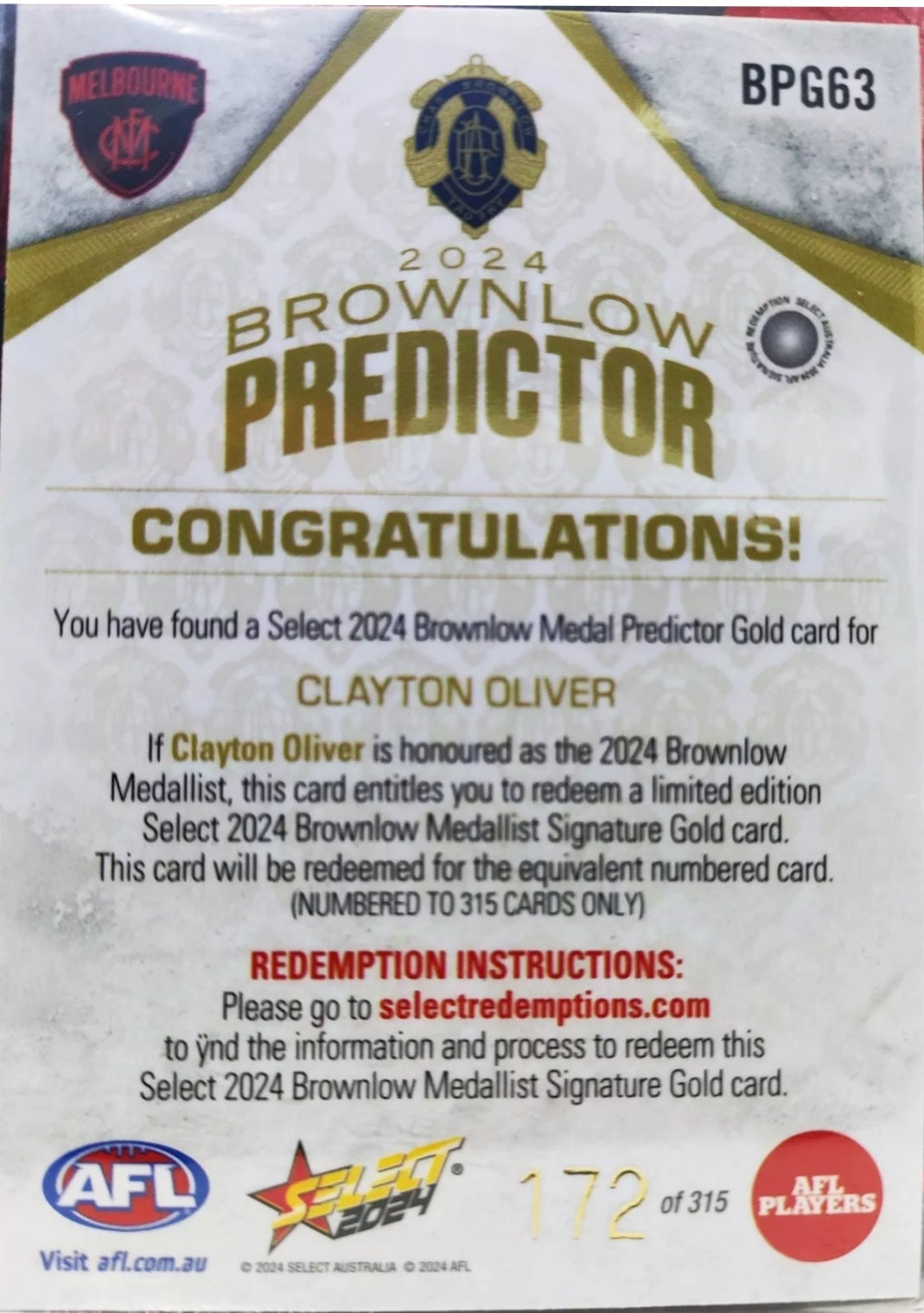 2024 AFL Select Footy Stars GOLD Brownlow Predictor Clayton Oliver S/N #172/315 Melbourne #BPG63